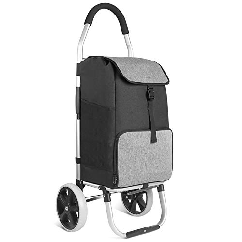 Inateck Chariot de Courses Pliable Caddie Course 41L à Grandes Roues Silencieuses, Cadre en Aluminium, Sac Imperméable avec Compartiment Isotherme, Poussette de Marché Noir et Gris