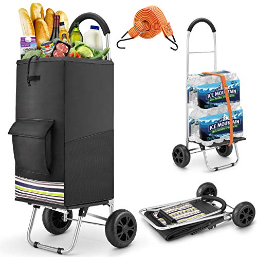 wilbest® Chariot De Courses, 75L Pliable Poussette de Marché, 2 en 1 Diable Caddie à 2 Roues Shopping Trolley avec Cadre en Acier Inoxydable et Sac en Toile imperméable Amovible (Noir)