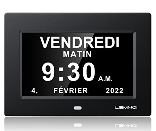 LEMNOI 7" Pouce LCD Horloge Numérique Calendrier Noire avec Date Jour Et Heure Horloge Non-Abrégée Auto Dimming 8 Langues HD Display Rappel pour Alzheimer Les Personnes âgées et Les Enfants