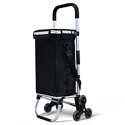 VOUNOT Chariot de Courses 6 Roues en Aluminium avec Compartiment Impermeable Isotherme Caddie de Courses Pliable 3 en 1 Sac Chariot Montant Escalier Noir 50 L