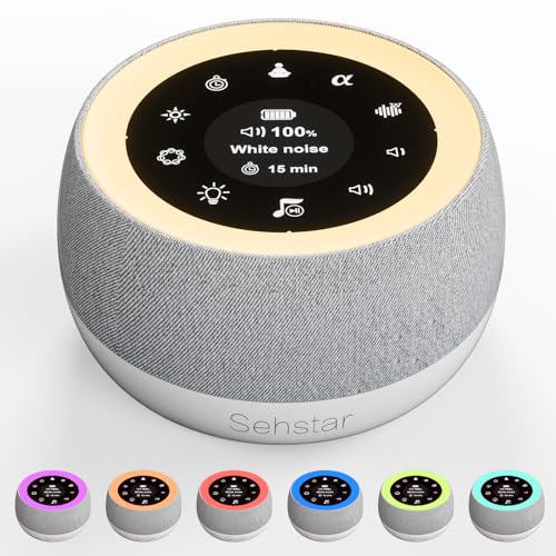 Sehstar Machine à Bruit blanc sommeil Thérapie Sonore Boite musique bébé&Agrande personne 22Bruit blanc/5Yoga/5α-Wave 7couleurs/3luminosité/lumière de respiration Écran tactile Minuteur (Blanc, Moyen)