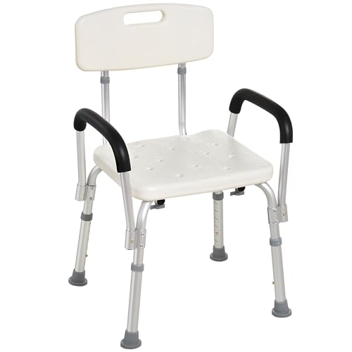 HOMCOM Chaise de Douche siège de Douche Ergonomique Hauteur réglable Pieds antidérapants Dossier accoudoirs Amovibles Charge Max. 136 Kg alu HDPE Blanc