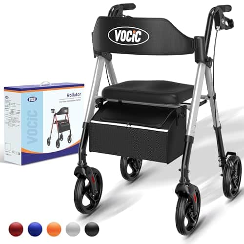 VOCIC deambulateur 4 roues pliable leger,Rollator en aluminium léger avec siège,Pour tous les terrains, Siège réglable en hauteur,Se range facilement dans le coffre,Argent Étoilé | Garantie de 5 ans