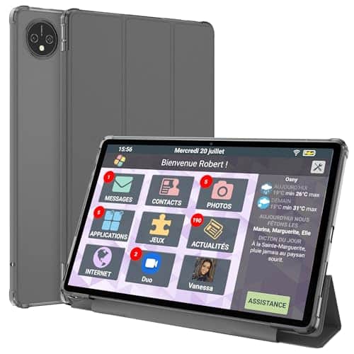 FACILOTAB - Tablette Senior - Simple et Intuitive, Idéal pour Personne Âgée - Grand Ecran Tactile Adapté - Camera Avant et Arrière - Connexion WiFi et 4G - Noir - Modèle T80