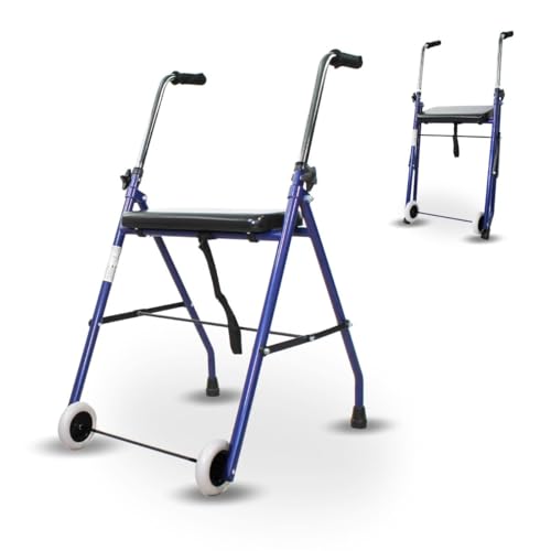 Mobiclinic®, Model Emérita, Déambulateur pour personnes âgées, Réglable, Pliable, Robuste, Marque Européenne, Acier, Poignées ergonomiques, Léger, Avec Siège et 2 Roues, Bleu