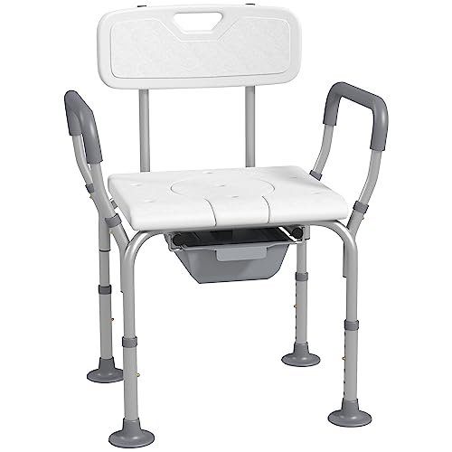 HOMCOM Chaise de Douche siège de Douche Chaise percée avec Seau de Toilette Hauteur réglable Pieds antidérapants accoudoirs Charge Max.136 Kg pour Personnes âgées et handicapées Aluminium HDPE Blanc