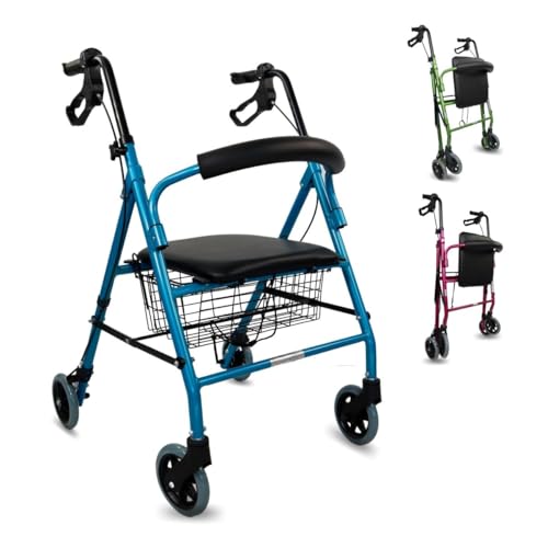 Mobiclinic, Déambulateur pour personnes âgées, Modèle Escorial, Marque européenne, Pliable, Freins manuels, Aluminium, Avec panier, Léger, Avec siège, 4 roues, Bleu