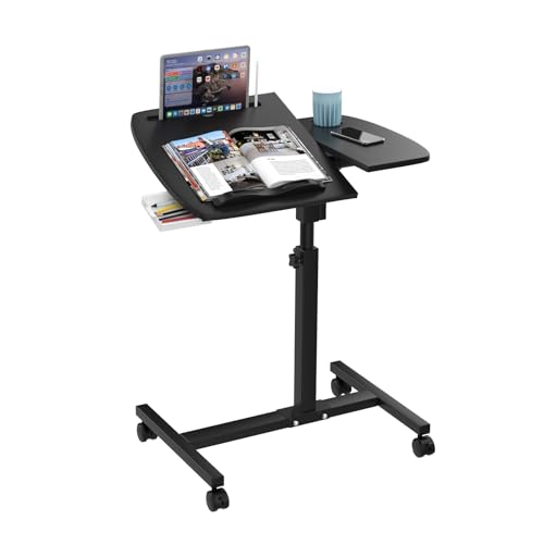 Lvhecforhm Table de Lit a Roulette, Table de Lit pour Ordinateur Portable Hauteur Réglable, Table d'appoint Portable, Mobile Laptop Support de Souris Séparé, Plaques Inclinables, Noir Table Roulante