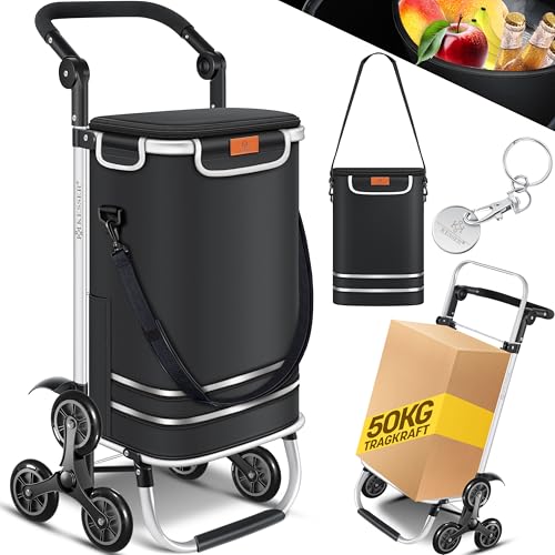 KESSER® Chariot de courses monte-escalier avec compartiment isotherme pliable avec capacité de 56 l et charge maximale de 50 kg - Chariot 3 en 1 - Diable et sac à bandoulière - Chariot de courses