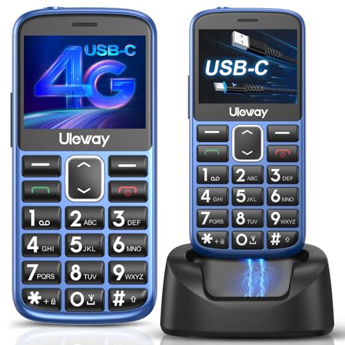 uleway 4G Telephone Portable Senior Débloqué avec Grosse Touche, USB C Chargement, Téléphone Portable Basique Personnes Agées avec Volume Élevé,LCD 2,4", SOS Taste,Station de Charge,Utiliser Nano SIM